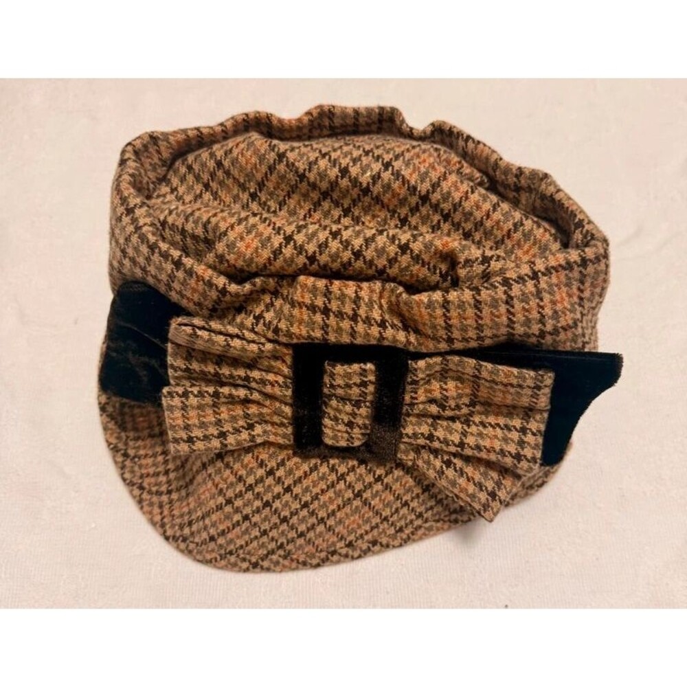 Vtg Women's Houndstooth Newsboy Cap Brown/Black One Size Polyester Lined Bow